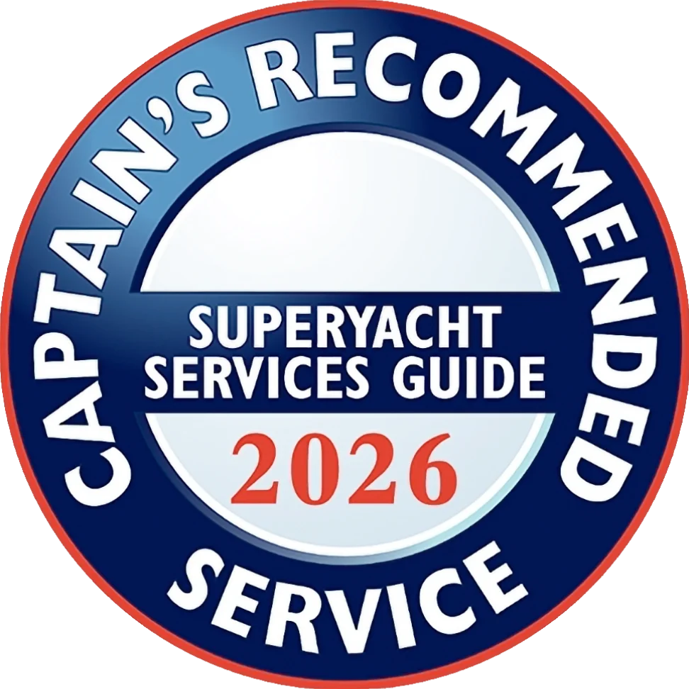 Badge “Captain’s Recommended Service – Superyacht Services Guide 2026,” a circular logo in blue, white, and red indicating a recommendation for superyacht services.