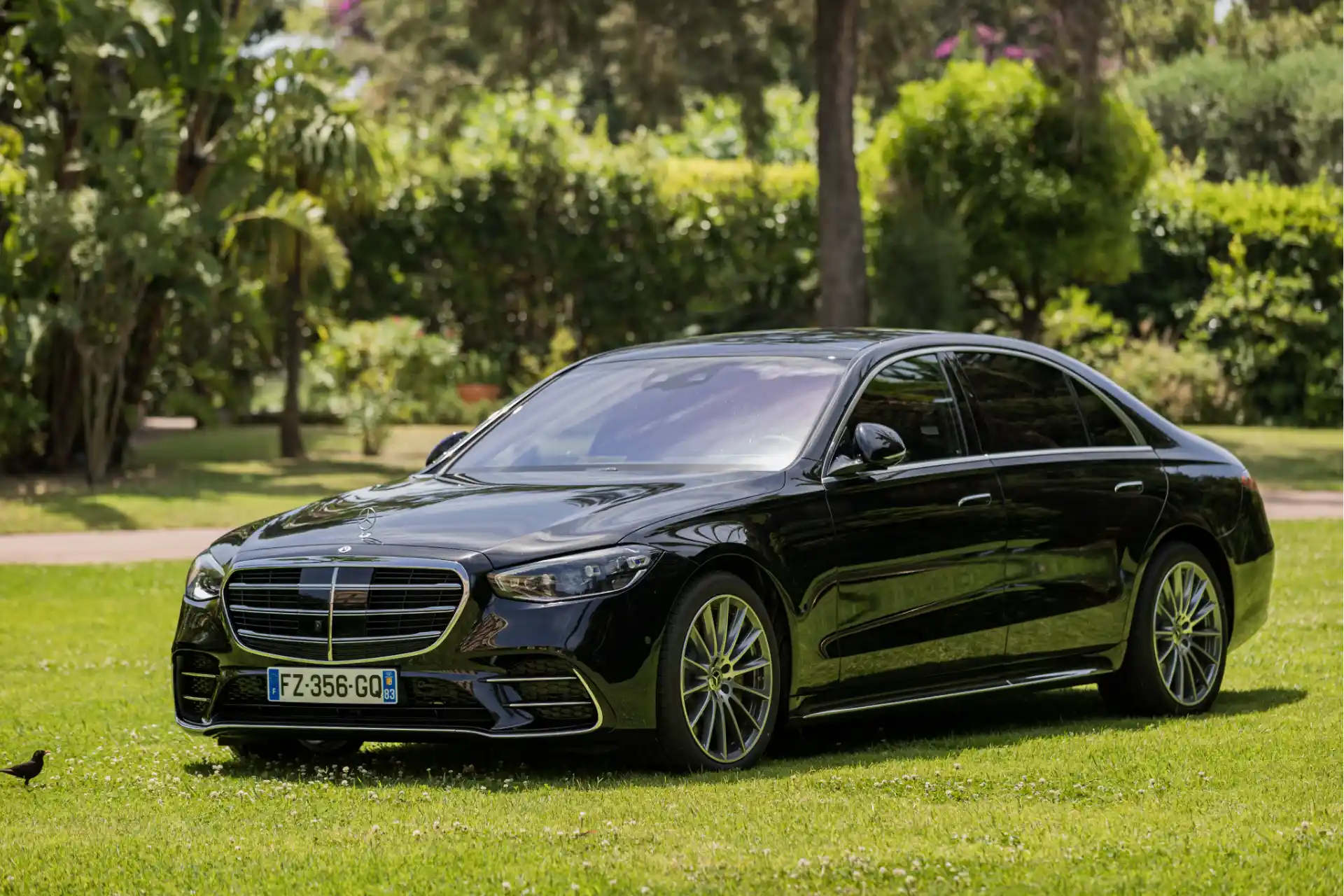 Mercedes-Benz Classe S noire dans un cadre naturel luxueux. Véhicule haut de gamme pour un service de chauffeur privé VIP et des trajets d’exception.