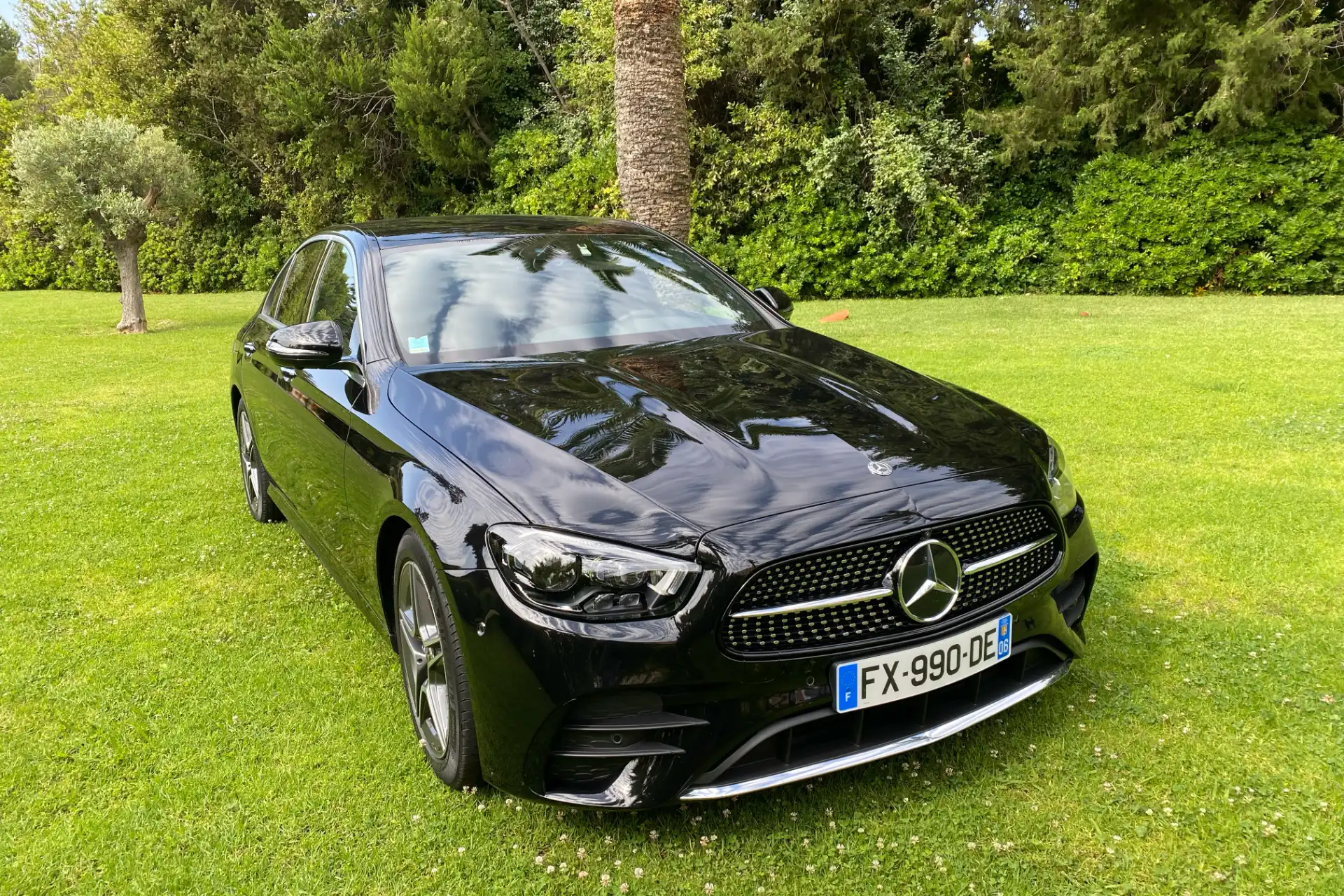 Black Mercedes E-Class seen from a front three-quarter angle, parked on a lawn surrounded by trees and hedges. Grille with central star, LED headlights, French license plate visible.